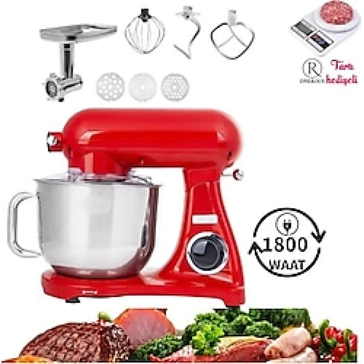 1800W Güç 6,2 Lt Premium Döküm Gövde Kıyma ,sucuk, Hamur Yoğurma Mutfak Şefi + Onerous Tartı - Kırmızı