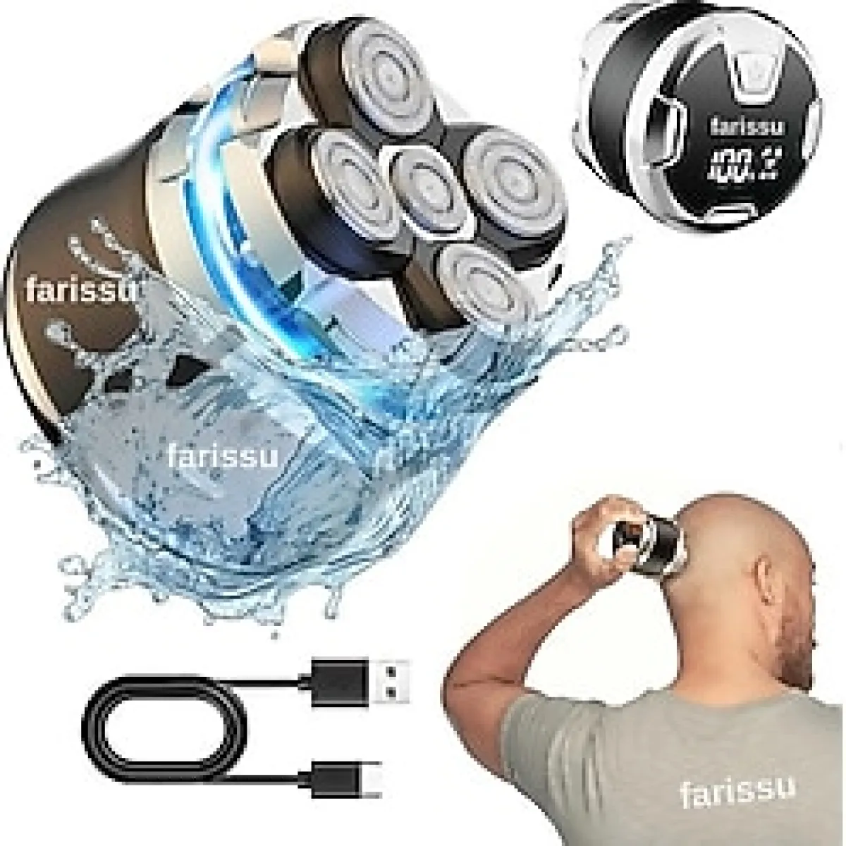 212 Farissu Kel Kafa Tıraş Makinesi RQ518 - Günlük, Sakal ve Baş Tıraşı Için, 5 Başlıklı, USB Şarjlı, Su Geçirmez siyah model gelecektir - 1 adet