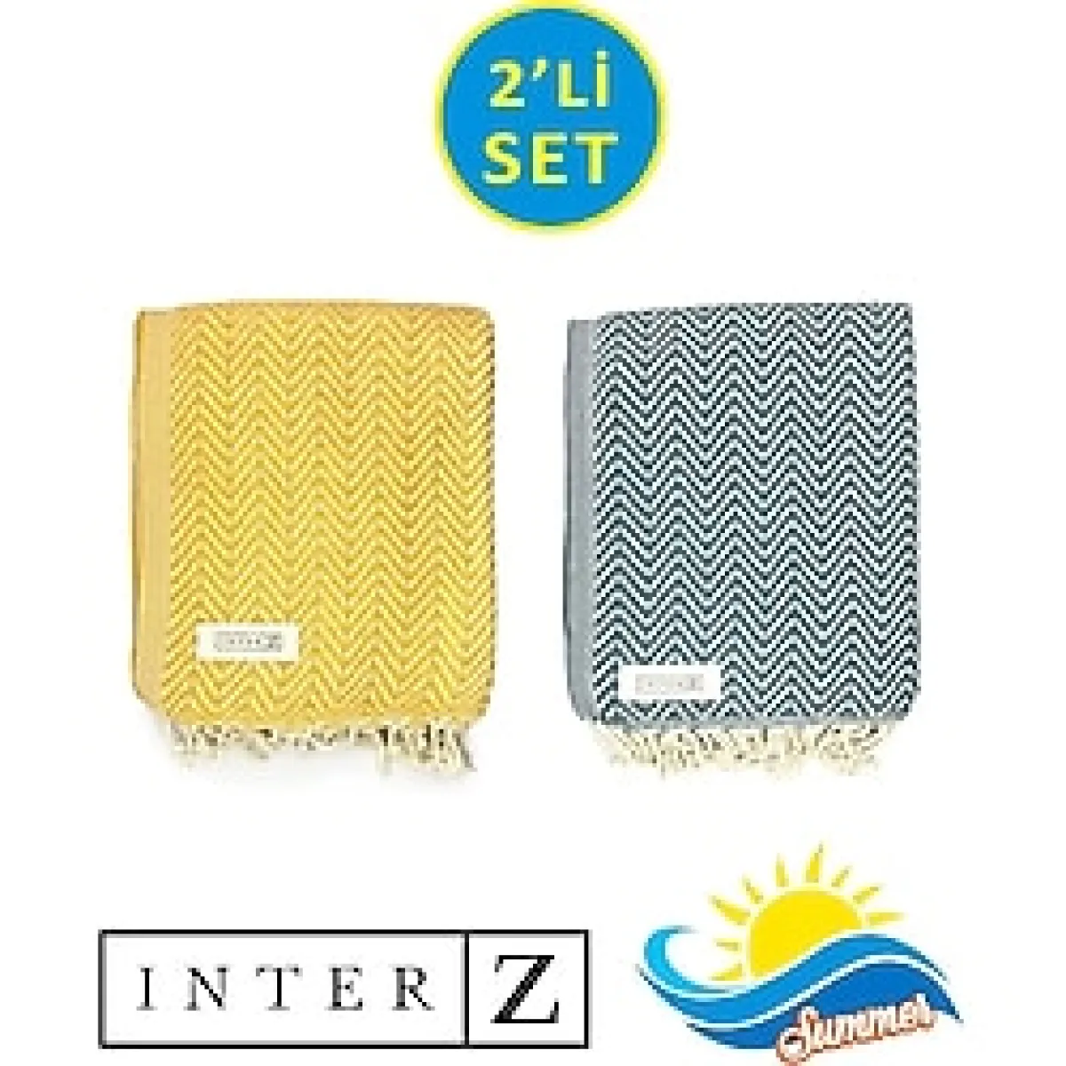 2'li Set Peştemal Plaj Havlusu,%100 Pamuk, Xxl 100x180cm, Marmaris, Bal Sarısı-mavi