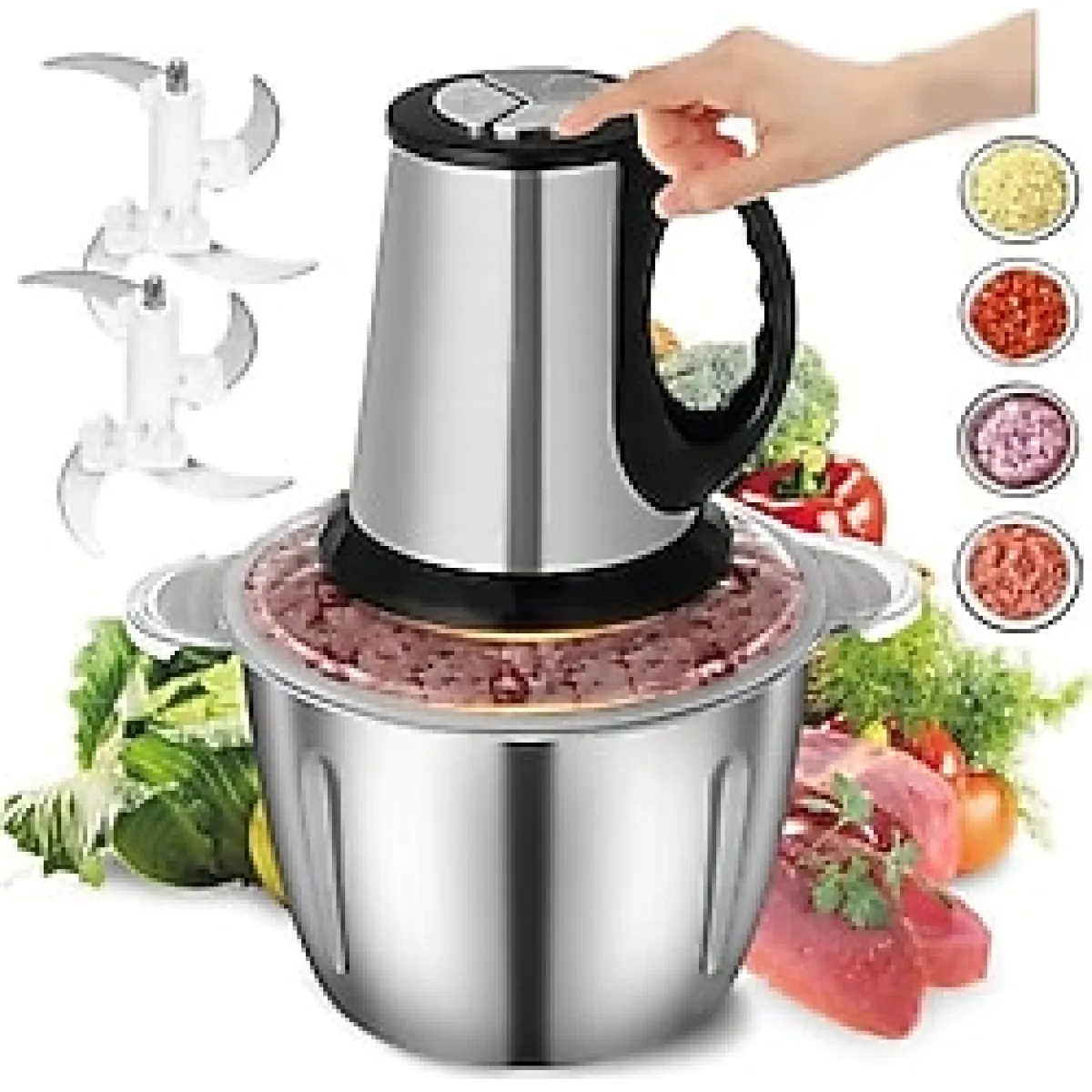 3 Hızlı 400W Elektrikli Kıyma Makinesi, 5L Paslanmaz Çelik Gıda İşlemcisi Et, Soslar, Sebze, Meyve, Kuruyemiş ve Bebek Maması için Gıda Doğrayıcı, 2 Set Bıçakla, Çıkarılabilir