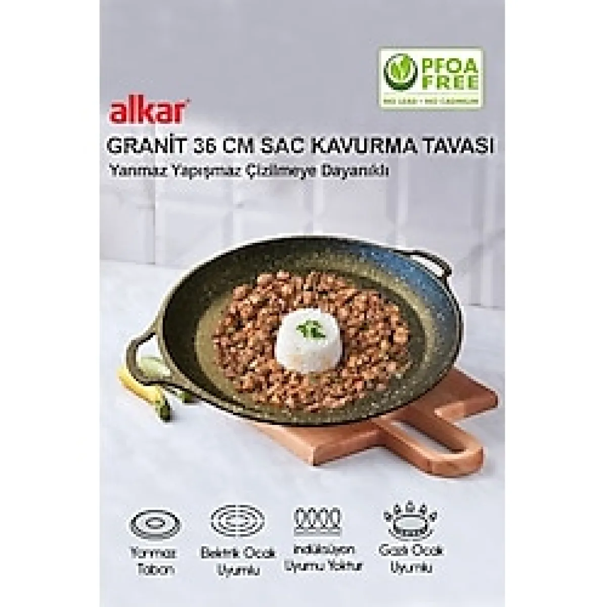 36 cm Ocak Üstü Fırına Girebilir Granit Yanmaz Yapışmaz Sac Kavurma Tavası - --