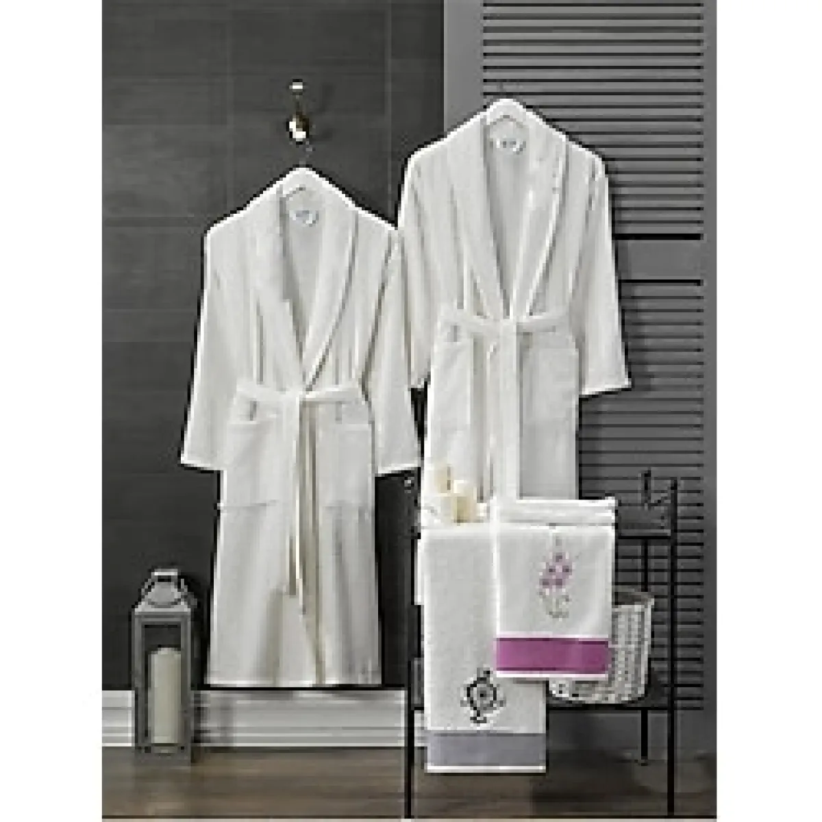 4 Parça Aile Bornoz Seti Kadın Erkek Havlulu Bornoz Takımı Beyaz Set