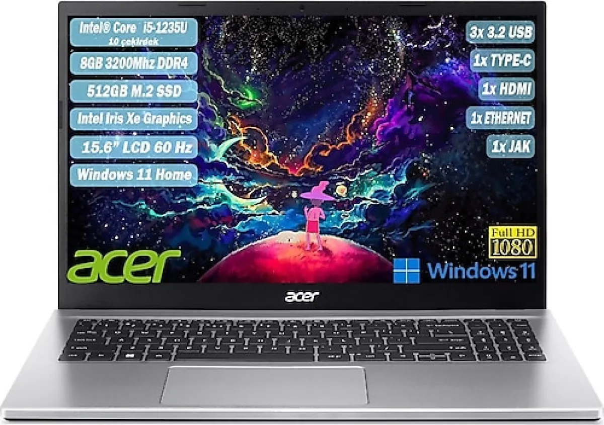 Acer Aspire 3 A315-59-54MX NX.K6TEY.002 i5-1235U 8 GB 512 GB SSD Iris Xe Graphics 15.6" Full HD Notebook