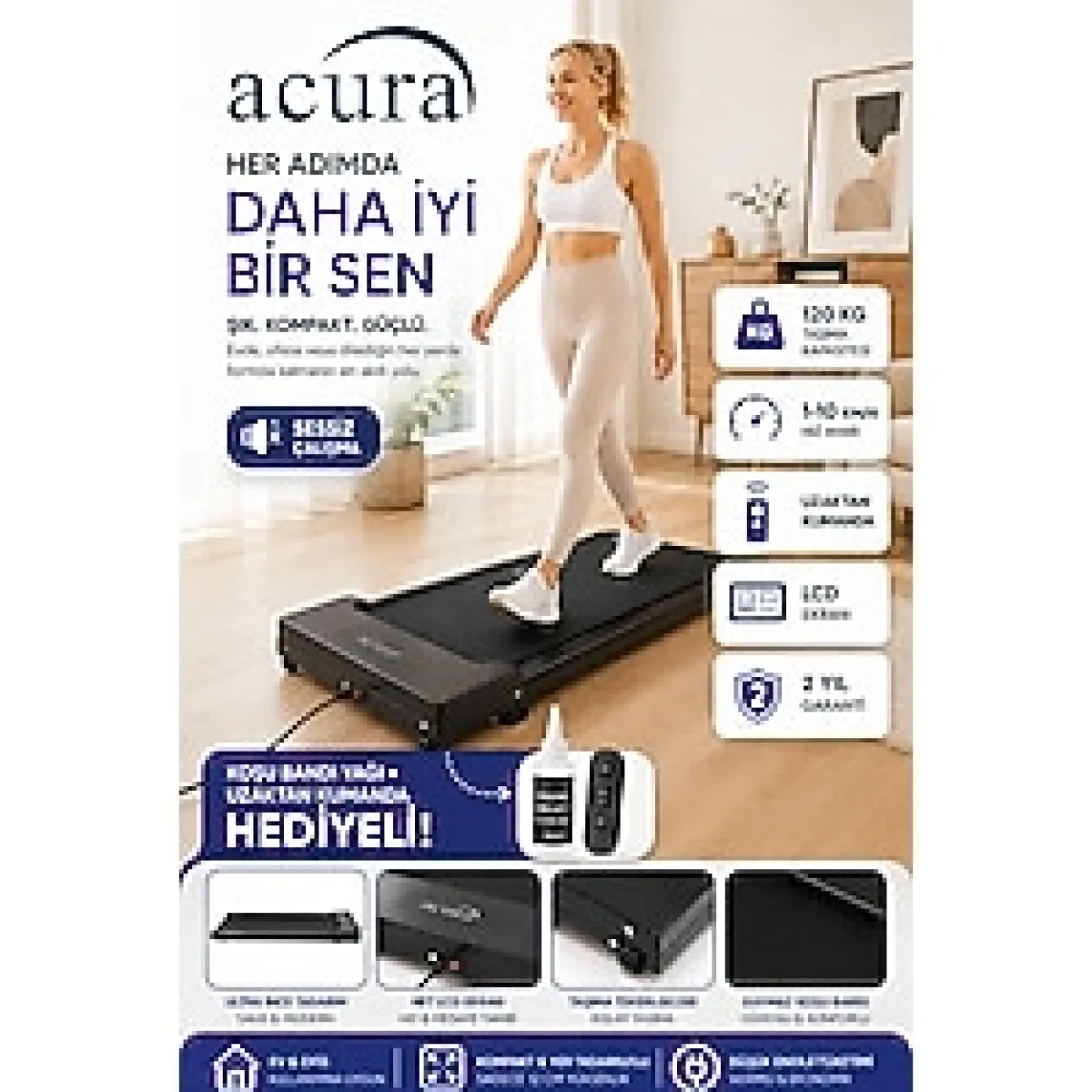 Acura AC-490 Portatif Yürüme ve Koşu Bandı 2 hp Motor Gücü, Eğim ve 1-10 km/h Hız Özellikleri - Siyah
