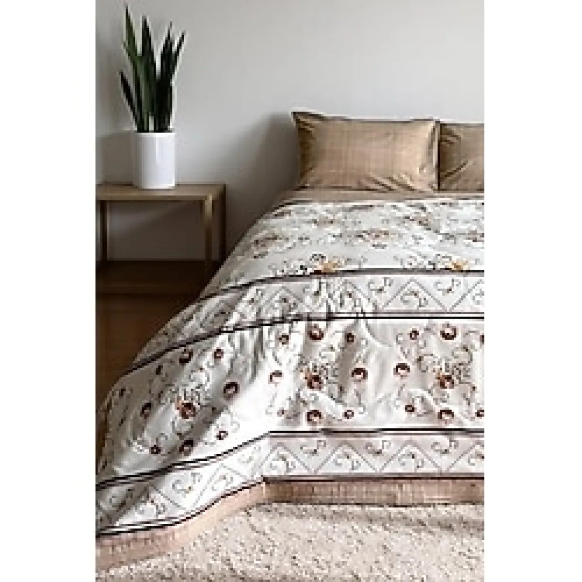 Alla Turca Çift Kişilik Yazlık Uyku Seti Düz Çarşaflı Kanaviçe Sütlü Kahve - Kahverengi