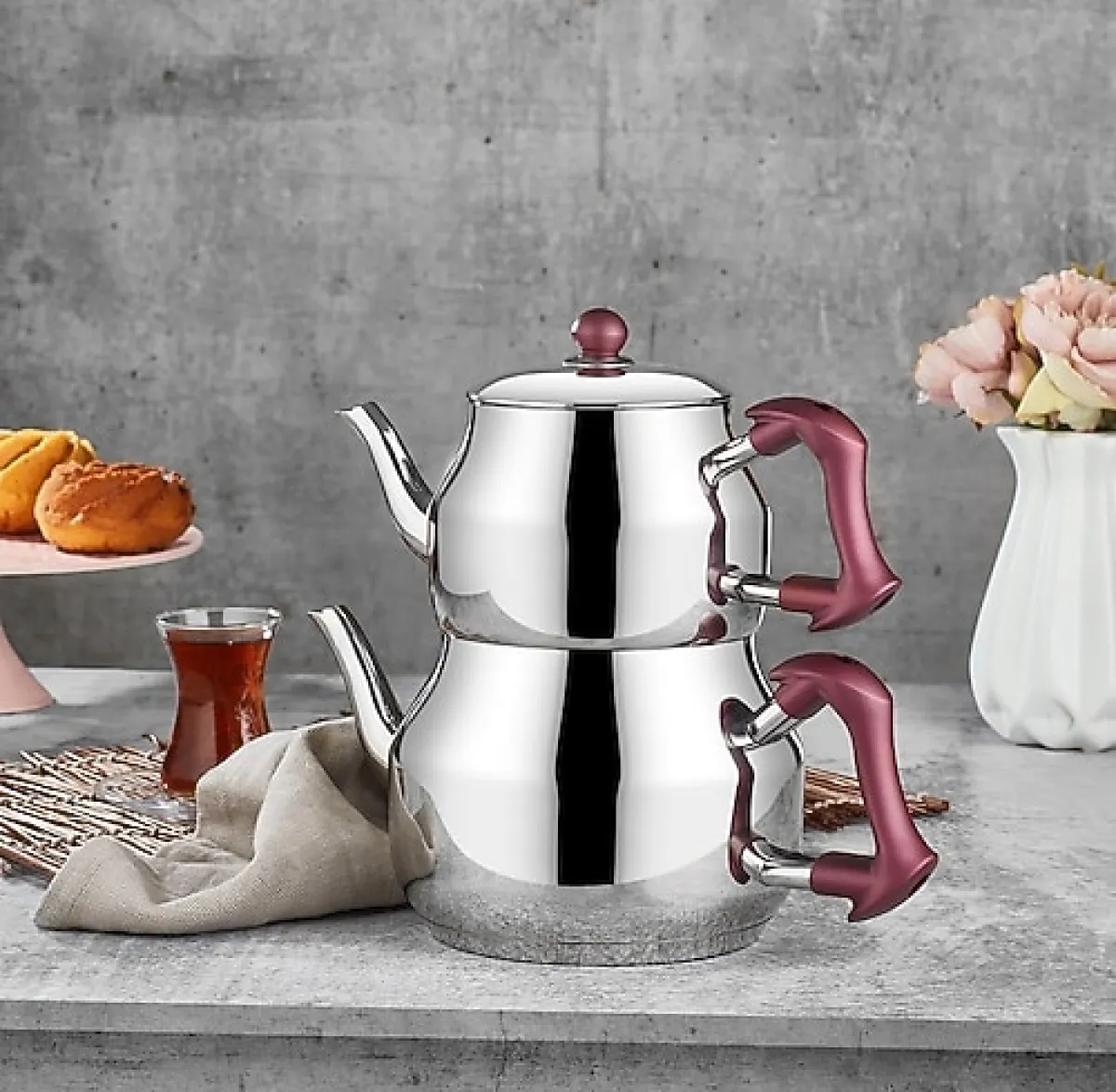 Amboss Mercan Bakalit Saplı Orta Boy Çelik Çaydanlık