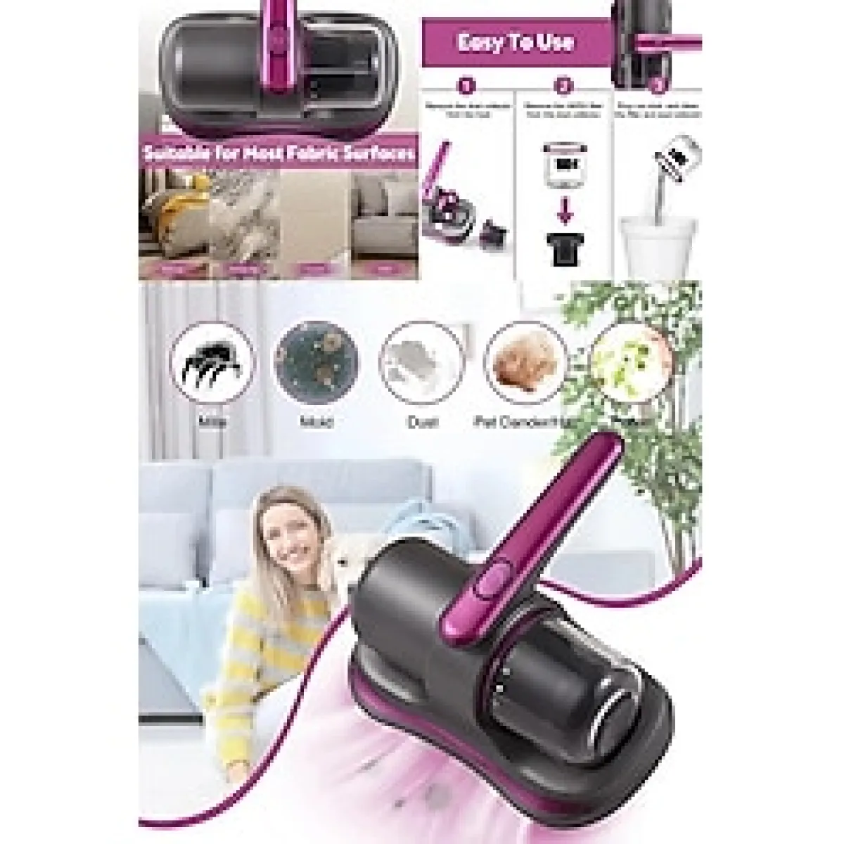 Belirtilmemiş Şarjlı Yatak Kanepe Hali Toz Tüy Alerji Süpürge Uv Işınlı Ev El Vakum Temizleme Toz Emici - Gri - Mor