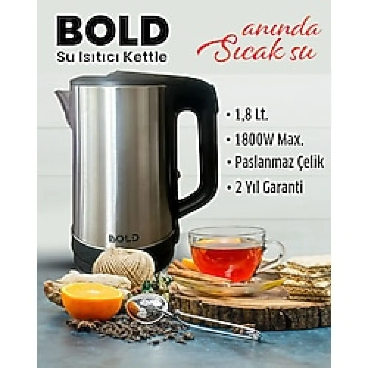 BOLD Gri 1,8 Litre Anında Sıcak Su Isıtıcı Kettle, Pratik ve Şık Tasarım