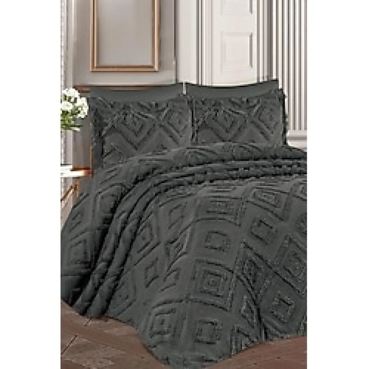 Çeyiz Diyarı Çeyiz Diyarı Hürrem Sakallı 3 Parça Çift Kişilik Pike Takımı Antrasit