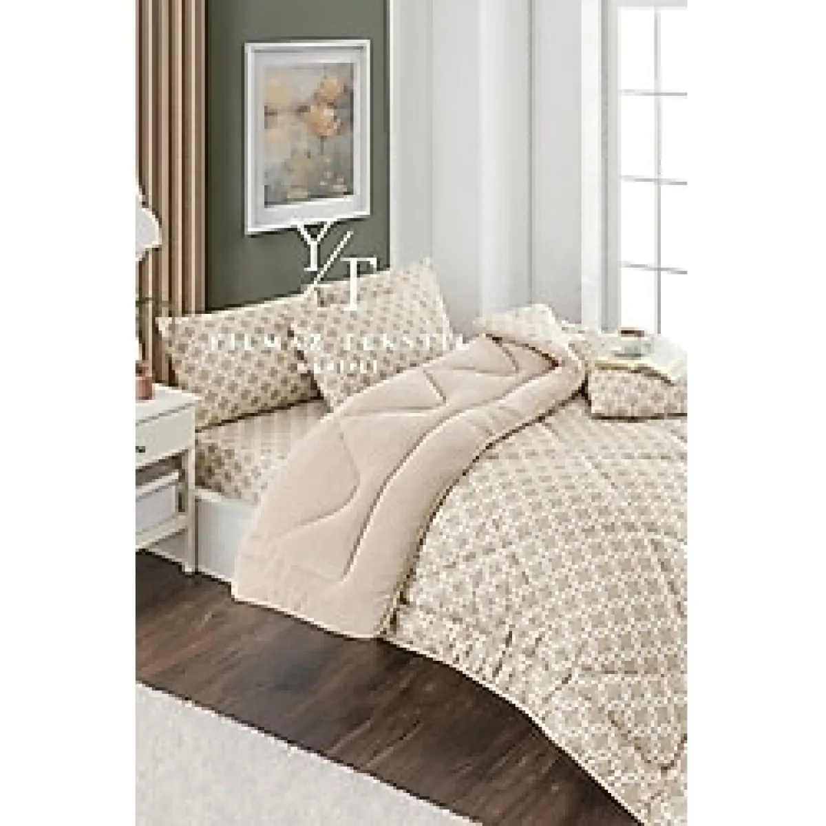 ChicMaison Bej Zincir Desenli Çift Kişilik Pofuduk Uyku Seti Ranforce 195 x 215 cm Lastikli Çarşaflı