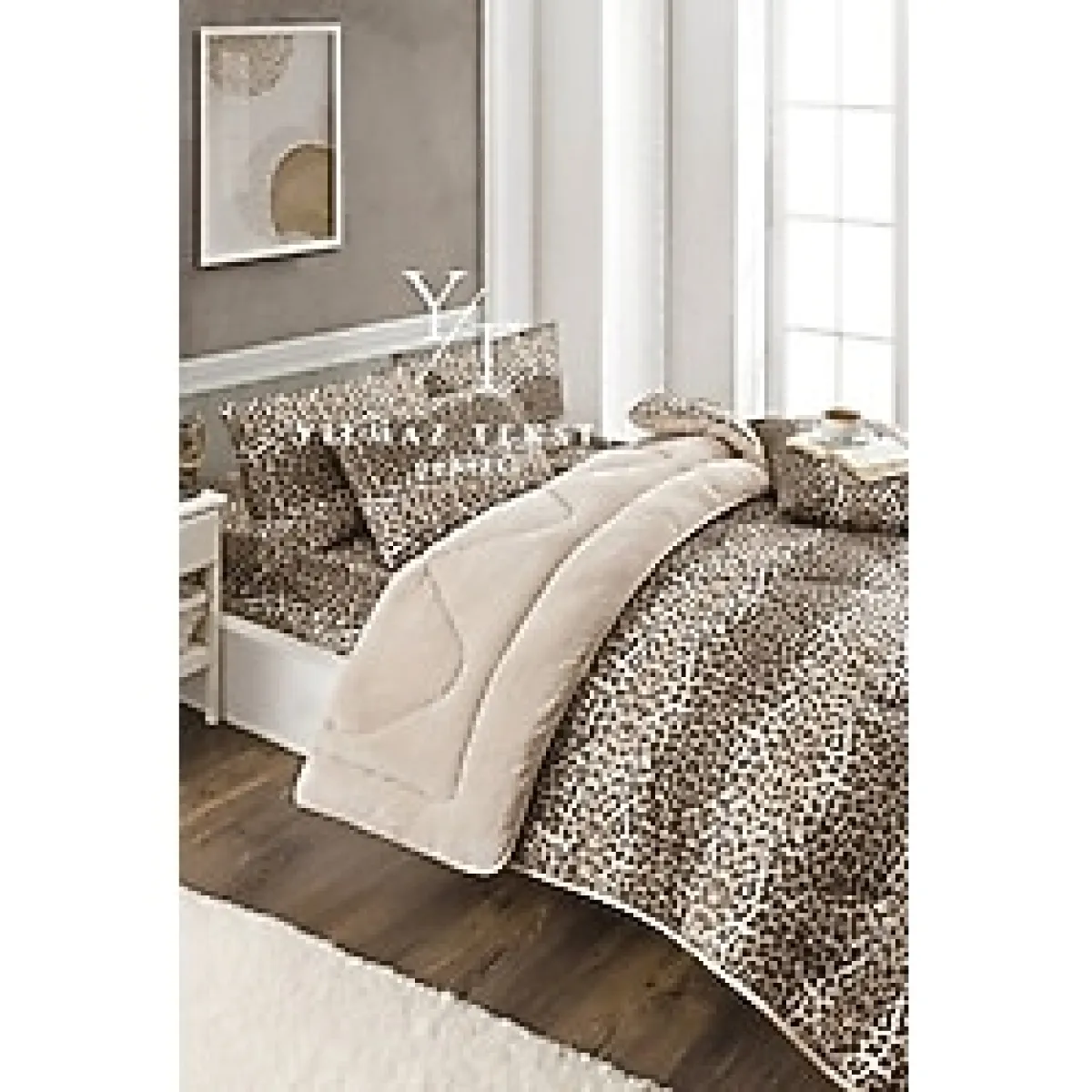 ChicMaison Çift Kişilik Pofuduk Uyku Seti Lastikli Çarşaflı Çeyiz Seti Çeyiz Takımı Leopar - Kahverengi