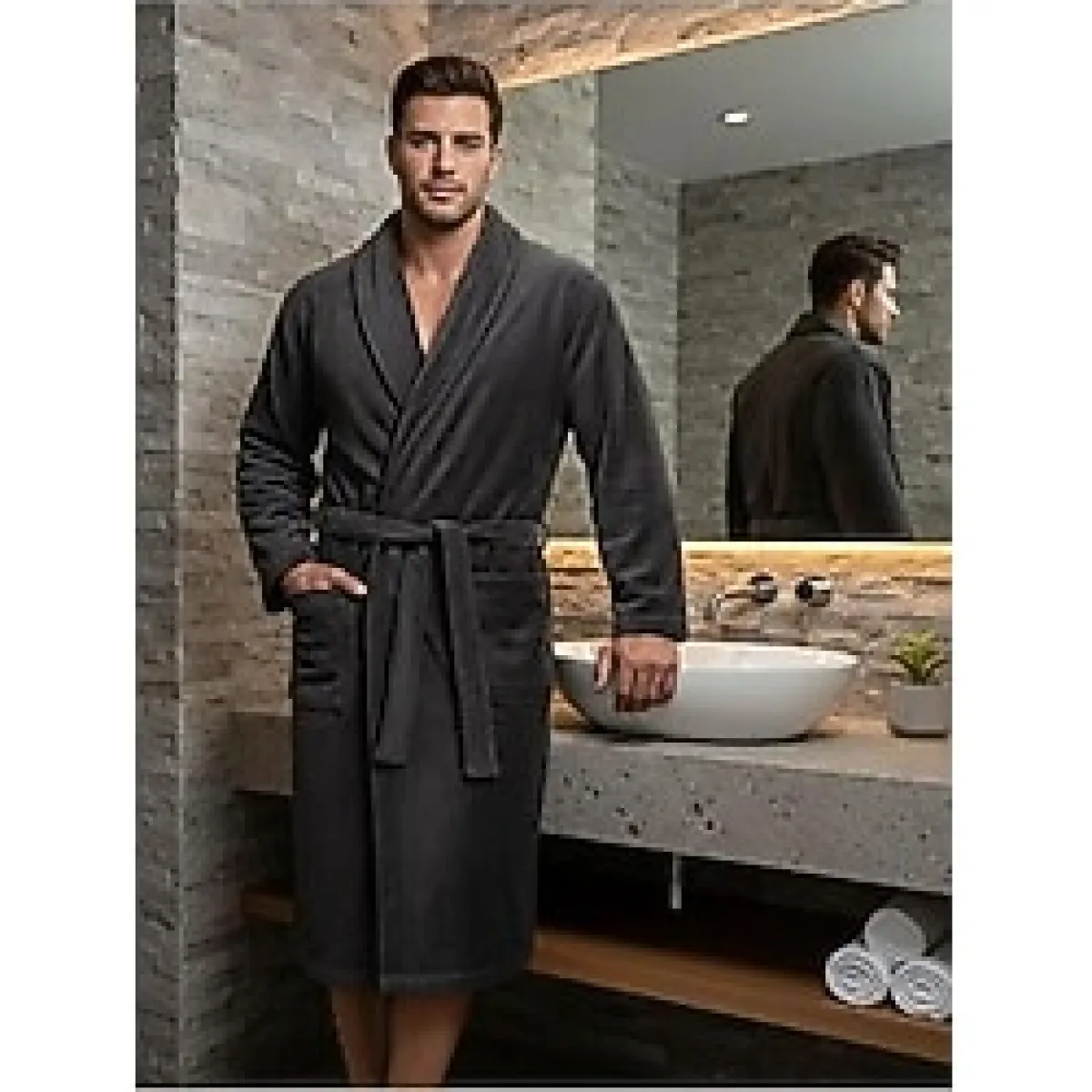 Class %100 Pamuk Kadife Bornoz Şalyaka Erkek / Antrasit