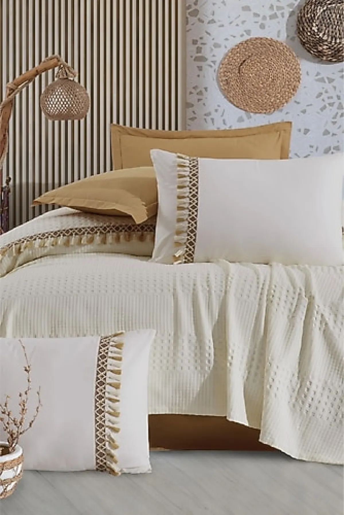 Clasy Bohamline Butik Ekru Çift Kişilik Pike Takımı