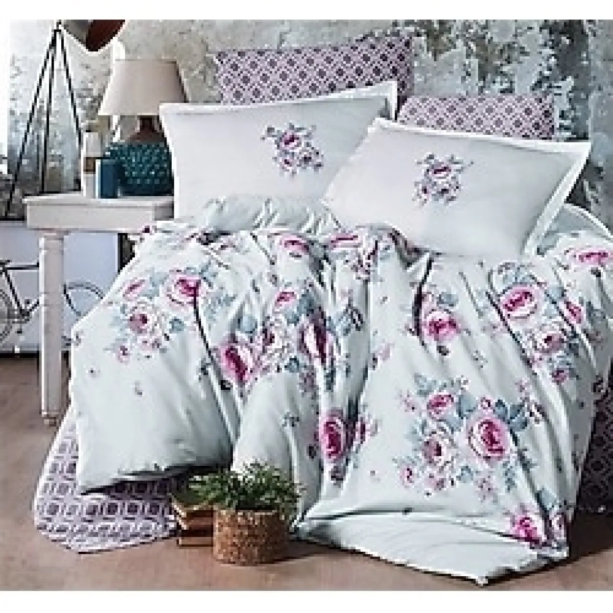 Clasy Çift Kişilik Saten Uyku Seti Goya V2 Mint - Renkli