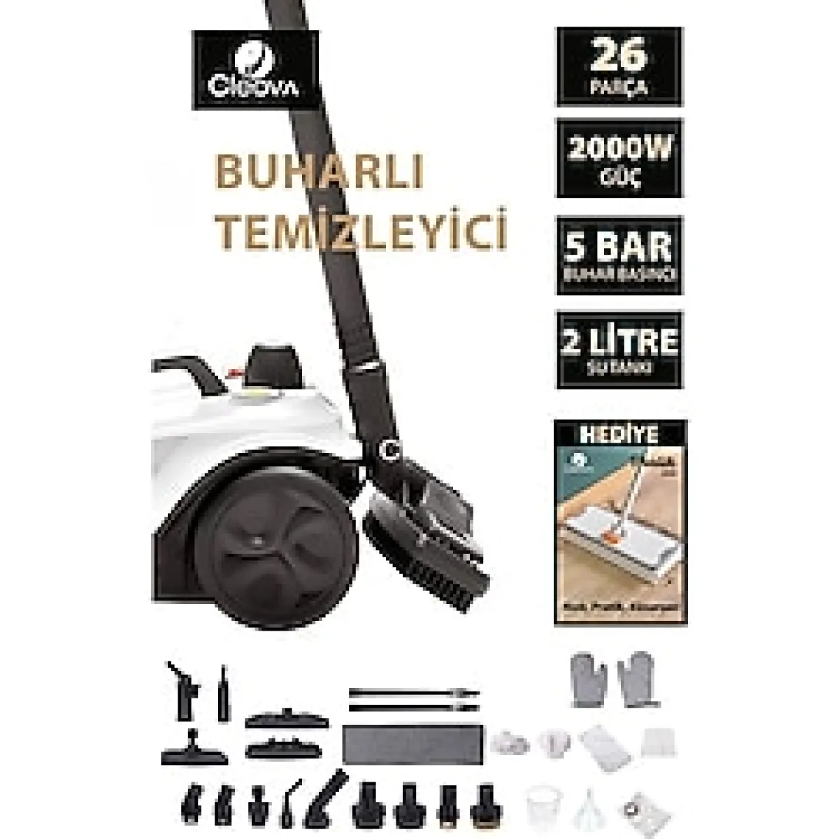 Cleova CLV-4041 Çok Fonksiyonlu 26 Parça Buharlı Temizleyici Paspas - Buharlı Temizlik Makinası - Beyaz