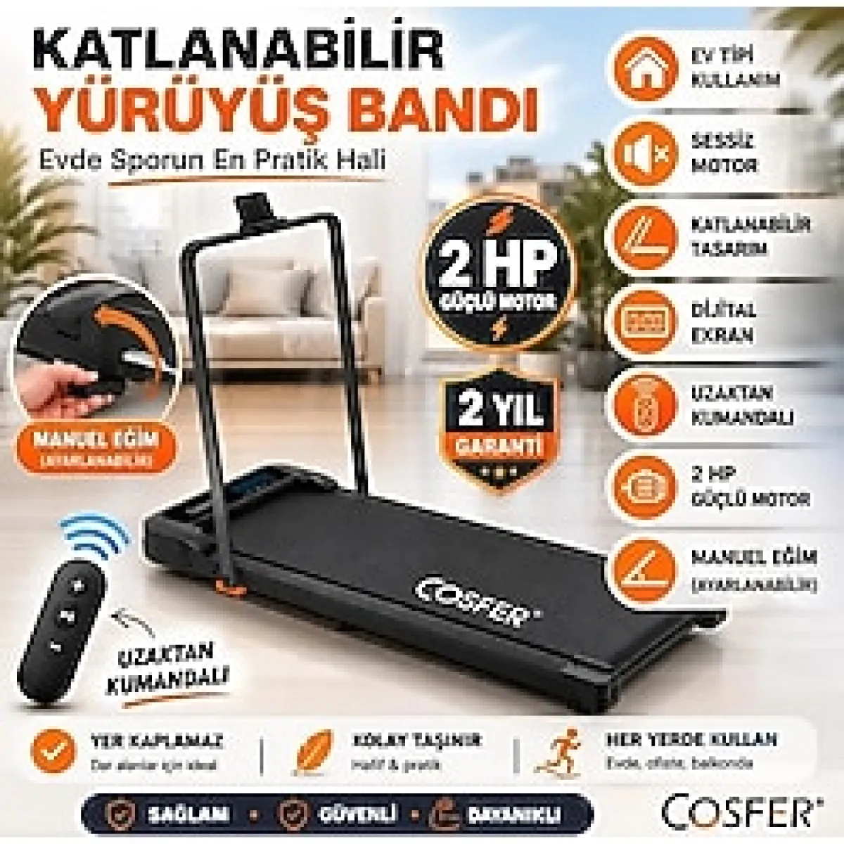 Cosfer 2 Hp Yürüyüş ve Koşu Bandı Katlanabilen 1-12 Km Hız Kumandalı Eğim Özellikli 130 Kilo Taşıma Kapasiteli