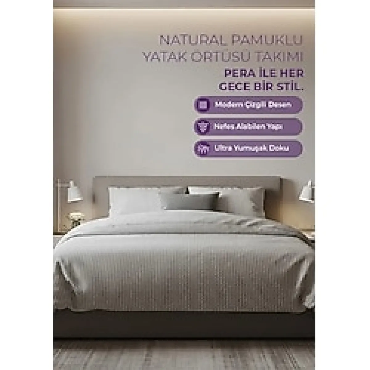 Days In Colours: Çift Kişilik Yatak Örtüsü Takımı / Pera Serisi - Gri - 240 x 260 cm