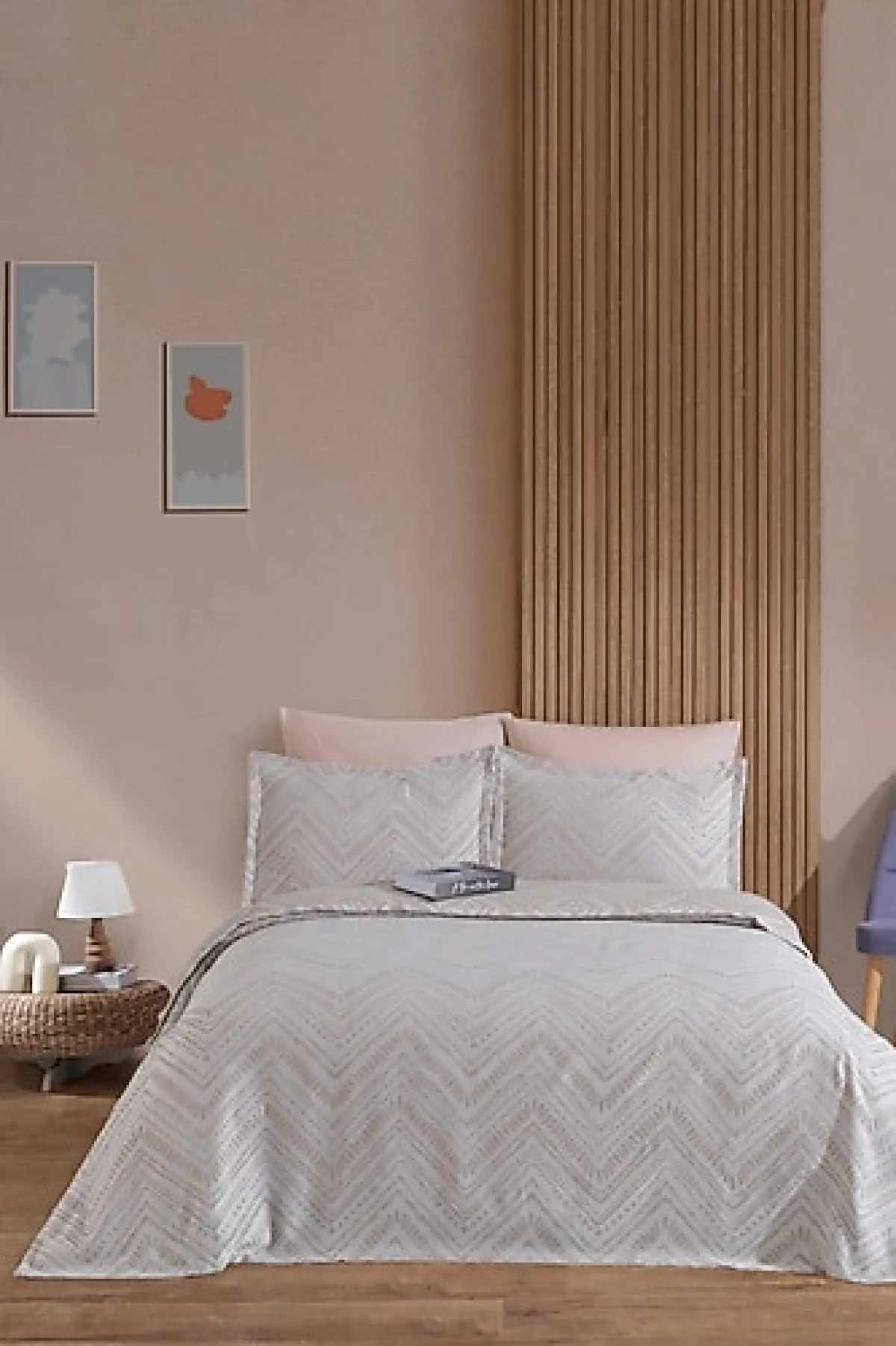 Elart Petra Ekru Keten Görünümlü Çift Kişilik Yatak Örtüsü Takımı