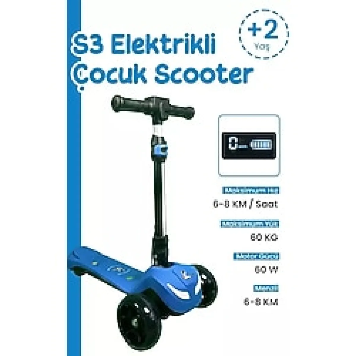 Electron Led Işıklı Hoparlörlü 3 Tekerlekli Yükseklik Ayarlı Elektrikli Scooter - 60W