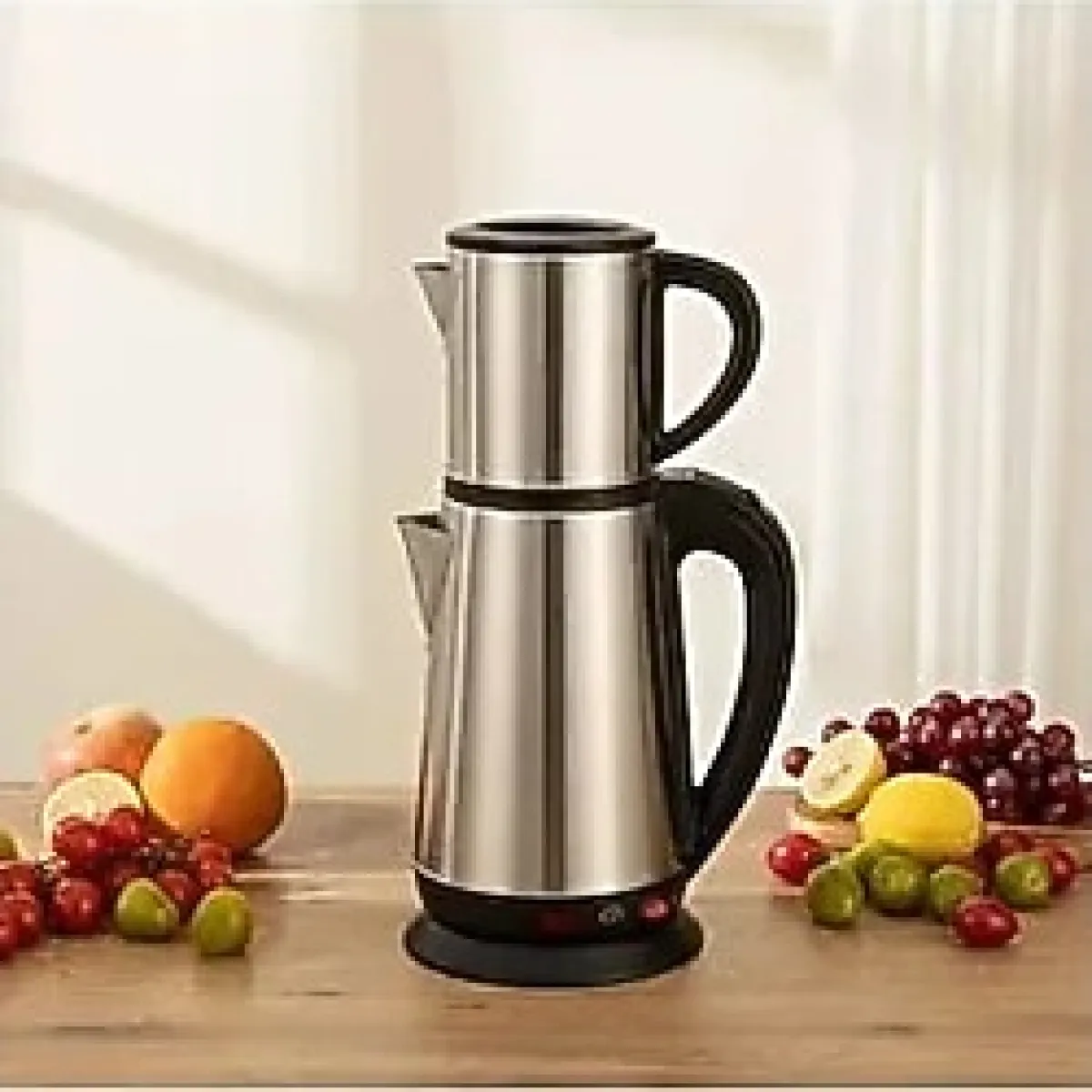 Elektrikli Metal 1.8 Alt 0,8 Üst Demlik Çaycı Ketıl 1650 Watt - Gri