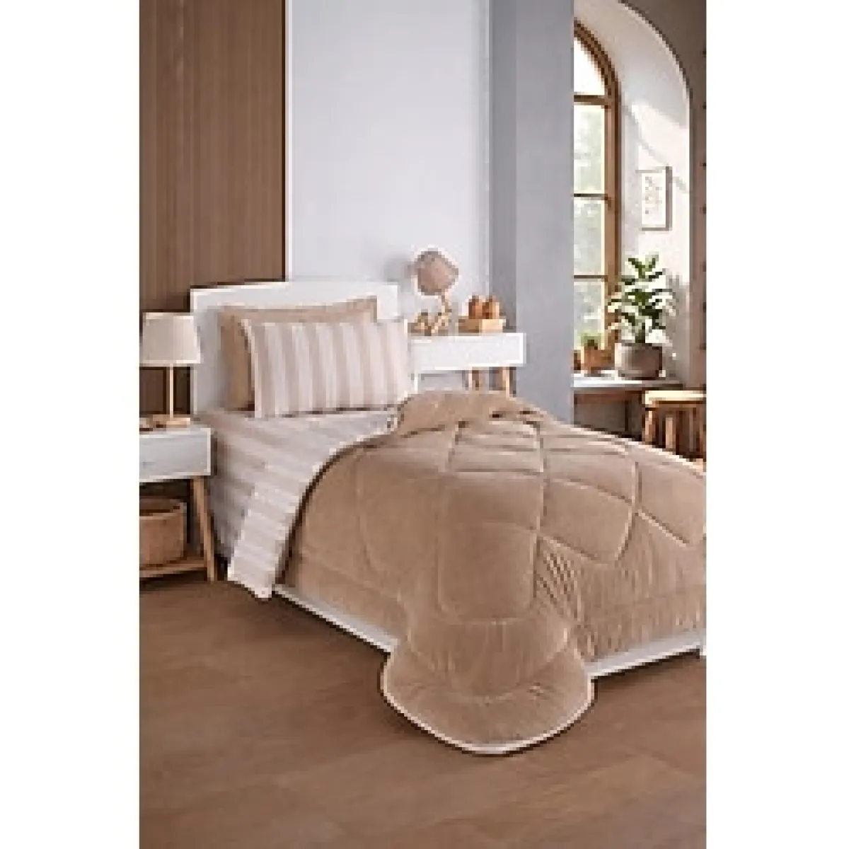 Eponj Home Tek Kişilik Uyku Seti Welsoft Yorganlı Pofuduk 3 Parça Soft Line Bej