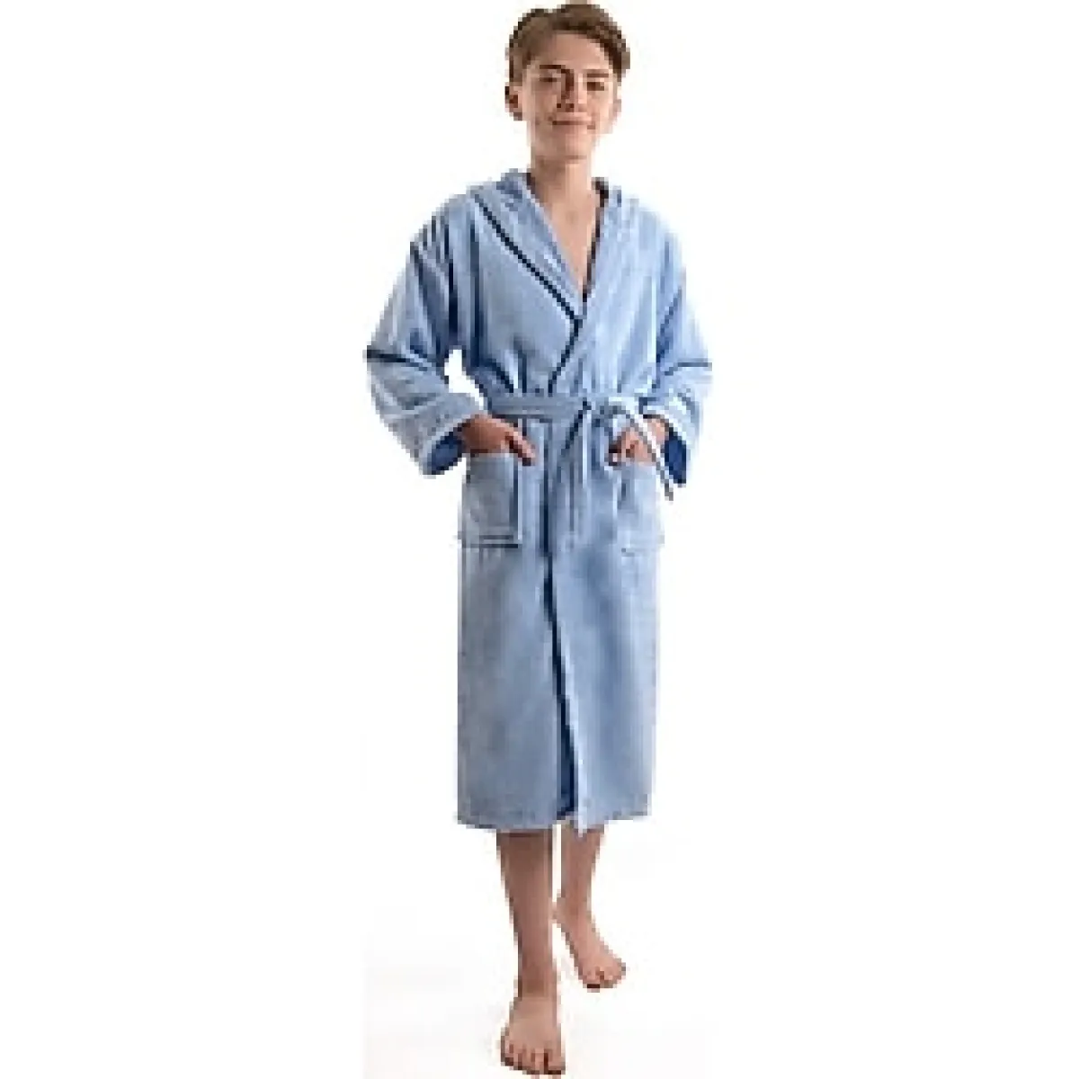 Eymir Home Collection Kadife Kapüşonlu Genç Çocuk Bornozu Mavi - 12 - 14