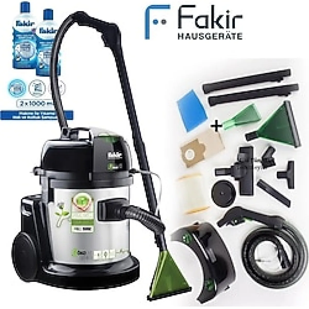 Fakir 1600WAAT Yüksek Performanslı Islak & Kuru Halı Koltuk Süpürme ve Yıkama Makinesi + 2 Lt Halı Şampuanı - Inox