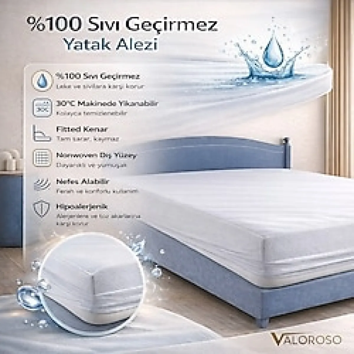 Fitted Full Kenar Su Sıvı Geçirmez Yatak Koruyucu Alez - 100X200 / 120X200 / 160X200 / 180X200 cm - 100 x 200 cm - Beyaz