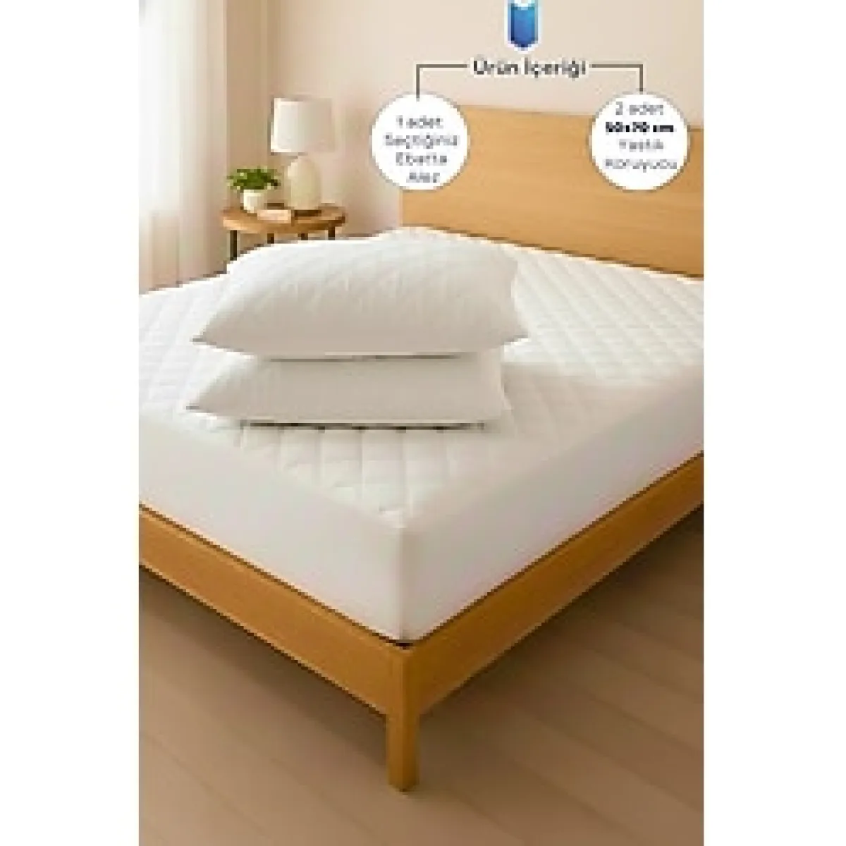 Formeya %100 Pamuk Kapitone Fitted Su Sıvı Geçirmez Yatak Koruyucu Alez + 2 Adet Yastık Koruyucu Set - 160 x 200 cm - Beyaz