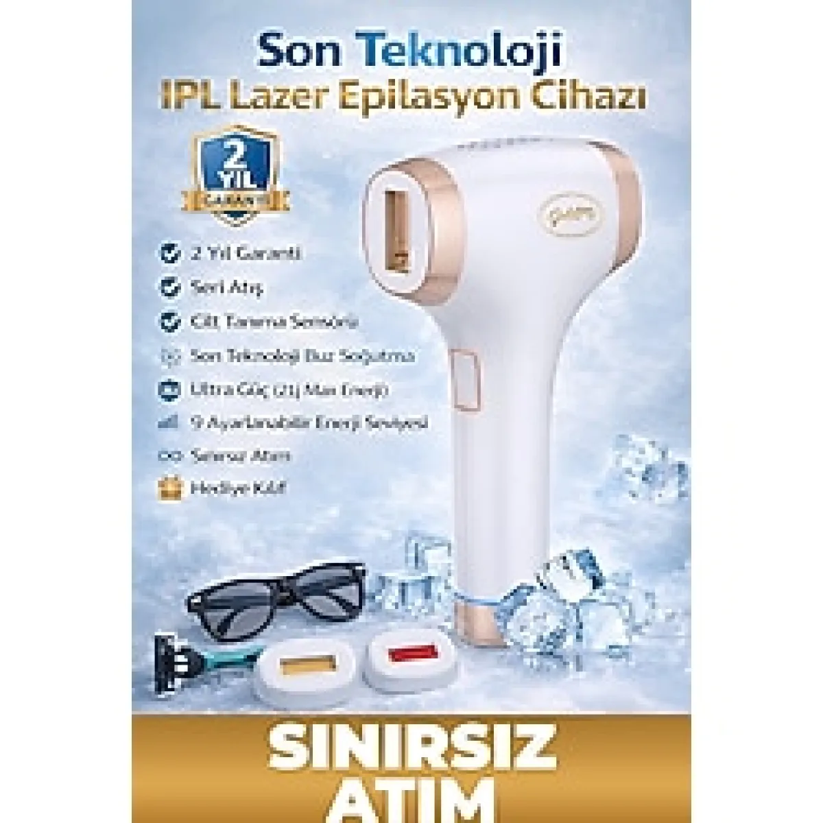 GoldMi IPL-01 Buz Lazer Epilasyon Cihazı Sınırsız Atım Cilt Gençleştirme Otomatik Manuel 21J Yüksek Enerji