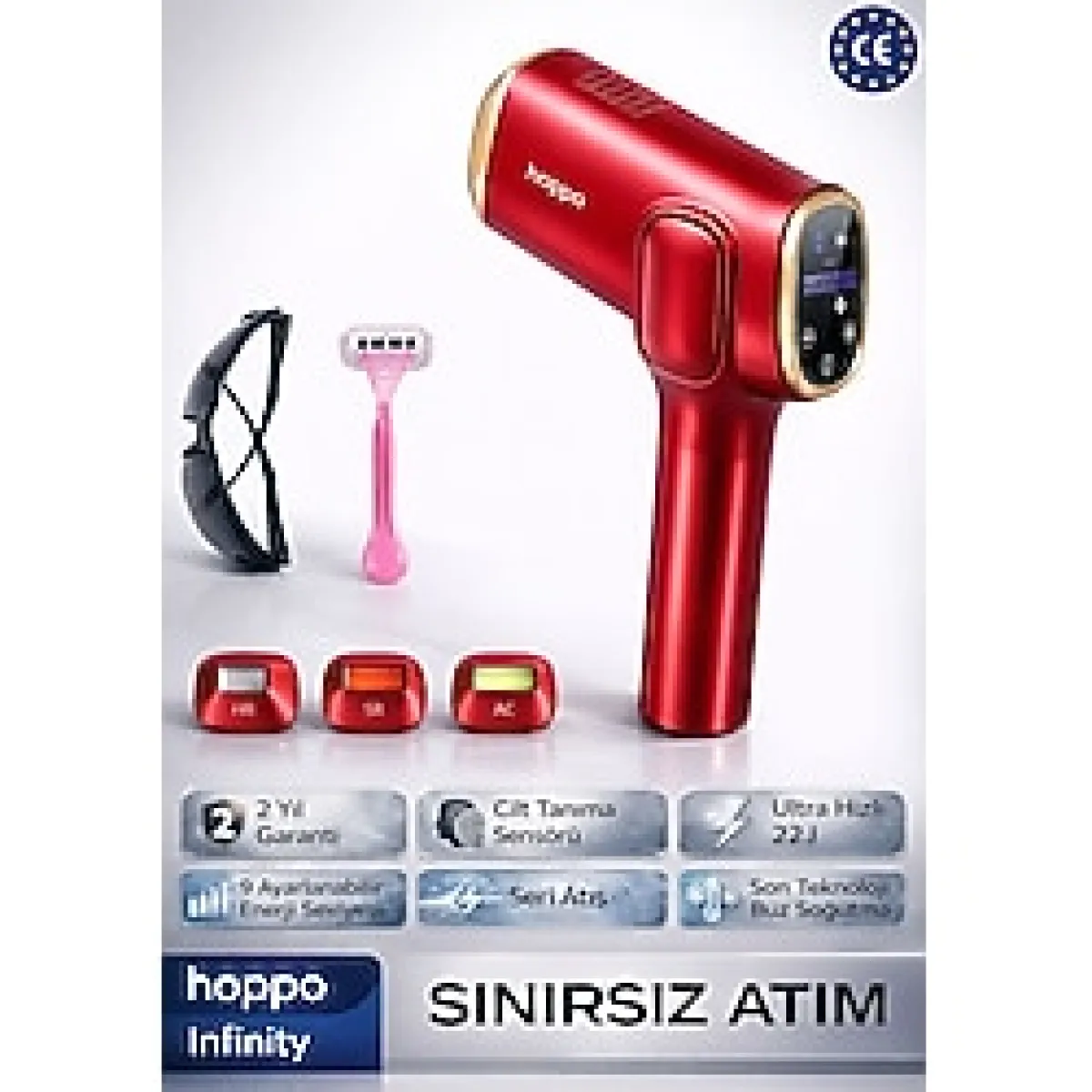 hoppo Infinity IPL Lazer Epilasyon Cihazı - Akıllı Cilt Sensörü, Sınırsız Atım, 9 Güç Seviyesi Kırmızı