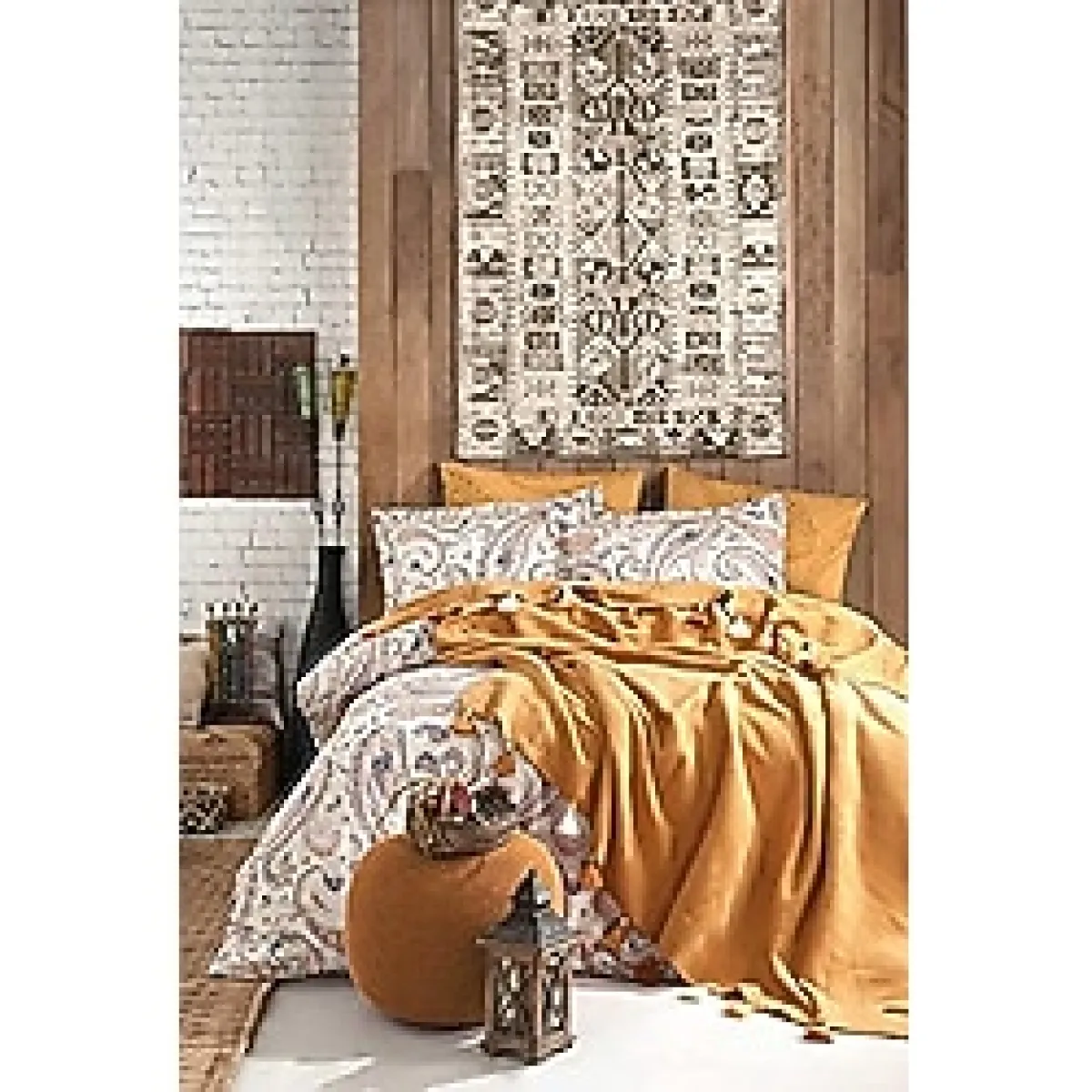 İyi Geceler İstanbul Boho Chic Çift Kişilik Püsküllü Battaniyeli Nevresim Seti Hardal