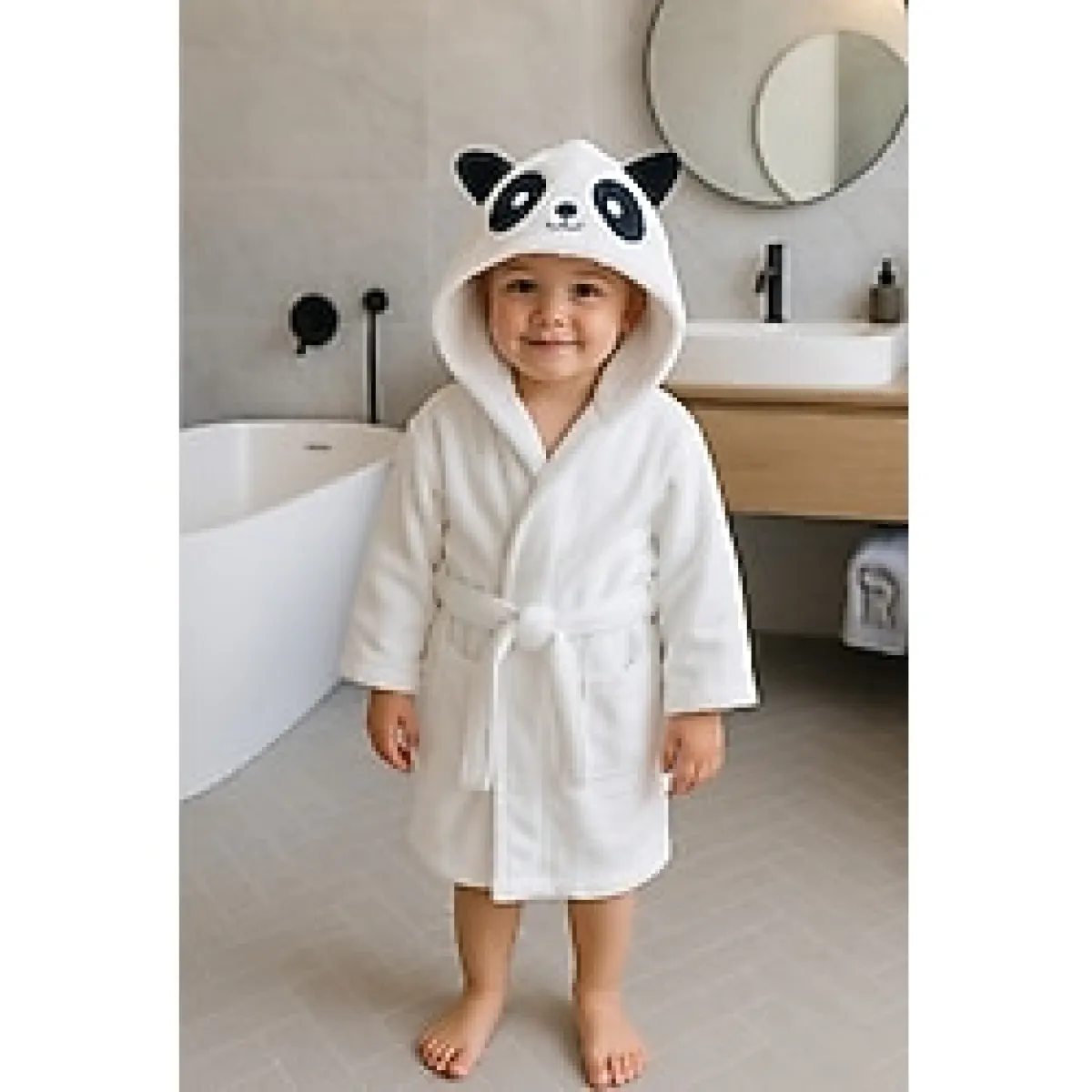 Kapüşonlu Cepli %100 Pamuk Çocuk Bornozu Mükemmel Kalite Uzun Yıllar Yumuşak Kalır Suyu Çabuk Emer - 5 - 6 Yaş - Beyaz