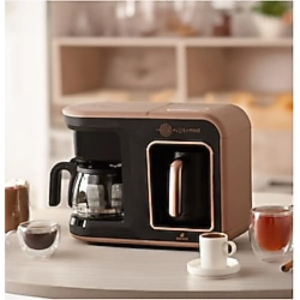 Karaca Cam Demlikli Közde Türk Kahvesi, Sütlü Türk Kahvesi, Sütlü Içecek Hazırlama, Filtre Kahve ve Çay Demleme Makinesi 10 Fincan Içecek Kapasiteli - Rose