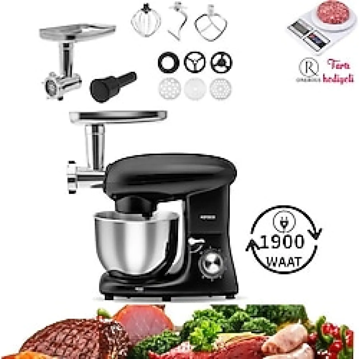 Karaca Kıyma Çekme ve Hamur Yoğurma, Karıştırma 5,5 Lt Sucuk-Sosis/İçli Köfte Aparatlı Mutfak Şefi 1900W Siyah