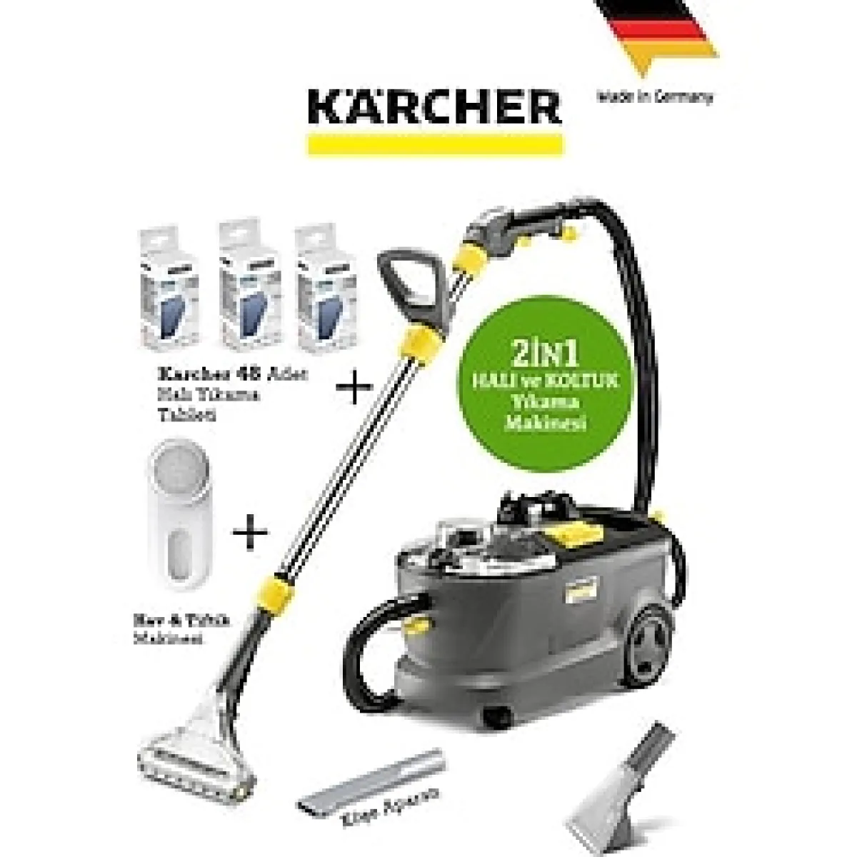 Karcher Puzzi Premium Set Halı Koltuk Yıkama Makinesi-Deterjan Kullanılabilir Yüksek Güçlü Halı ve Zemin Yıkama +Köşe Aparatı +Karcher 48 Adet Yıkamalı Deterjan - Gri - Koyu Gri