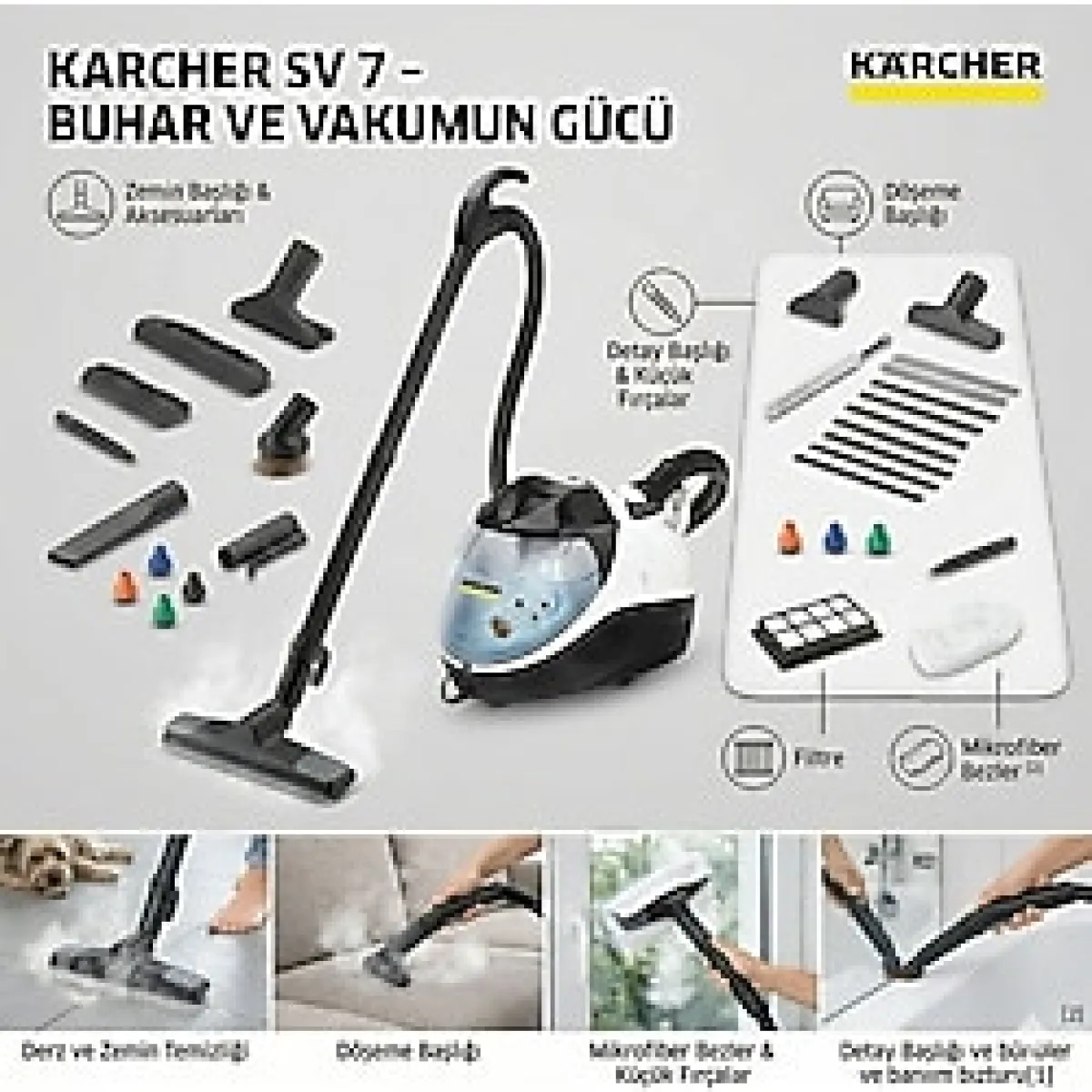 Karcher Yüksek Performanslı Buharlı Süpürge ve Vakum Makinesi 2200 Watt Güç 4 Kademeli Emiş Gücü 5 Kademeli Buhar Ayarlı Islak Kuru Temizleyici Karcher Sv 7 - Beyaz