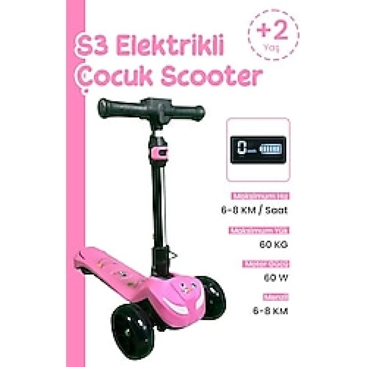 LED Işıklı Hoparlörlü 3 Tekerlekli Yükseklik Ayarlı Elektrikli Scooter - 60W - Pembe