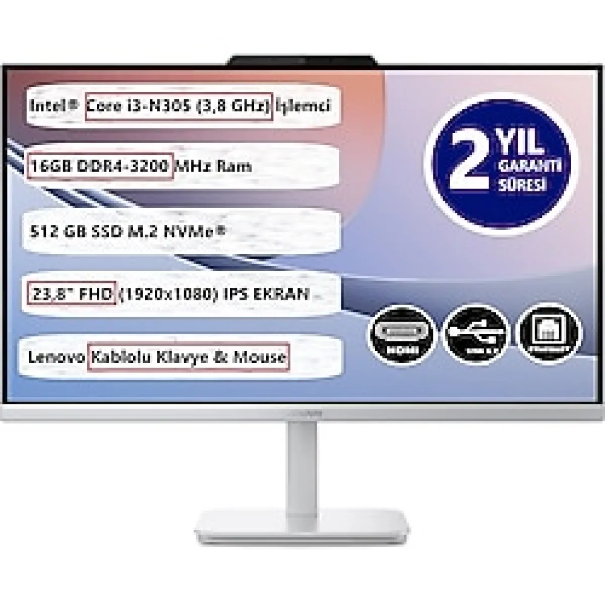 Lenovo A100 Aıo Intel Core I3 N305 16GB 512GB SSD 24" Fhd IPS Freedos Aıo Bılgısayar Pc - Açık Gri