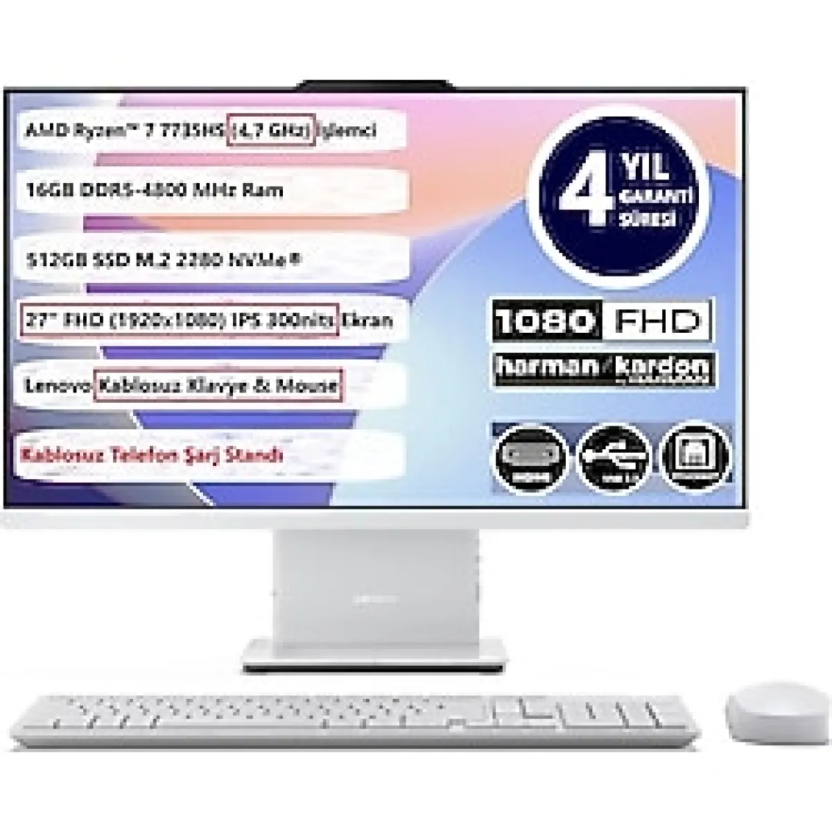 Lenovo Ideacentre Aıo 27ARR9 R7-7735HS 16GB 512GB SSD 27 Fhd IPS Freedos 27" Aıo Bilgisayar F0HQ008GTR 4 Yıl Garantı - Açık Gri