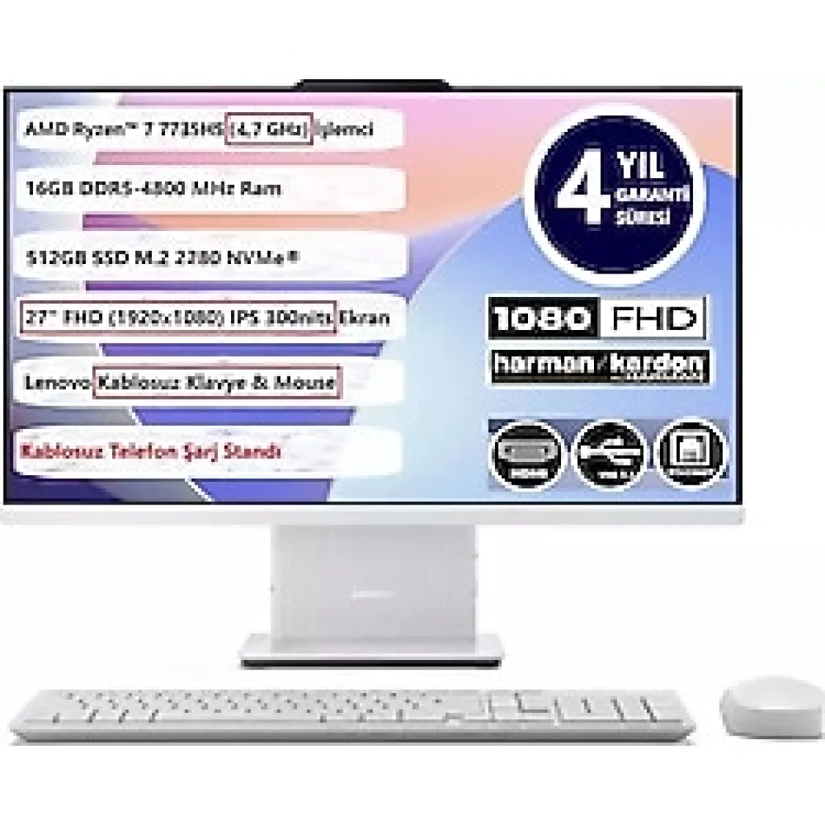 Lenovo Ideacentre Aıo 27ARR9 R7-7735HS 16GB 512GB SSD 27 Fhd IPS Freedos 27" Aıo Bilgisayar F0HQ008GTR 4 Yıl Garantı