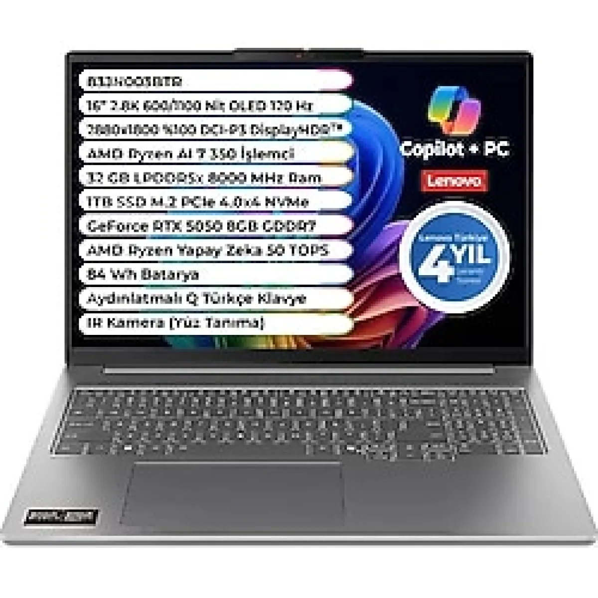 LENOVO IDEAPAD Pro 5 AMD Ryzen AI 7 350 32 GB 1 TB SSD RTX 5050 Freedos 16 Inç 2.8K OLED 83JN003BTR
