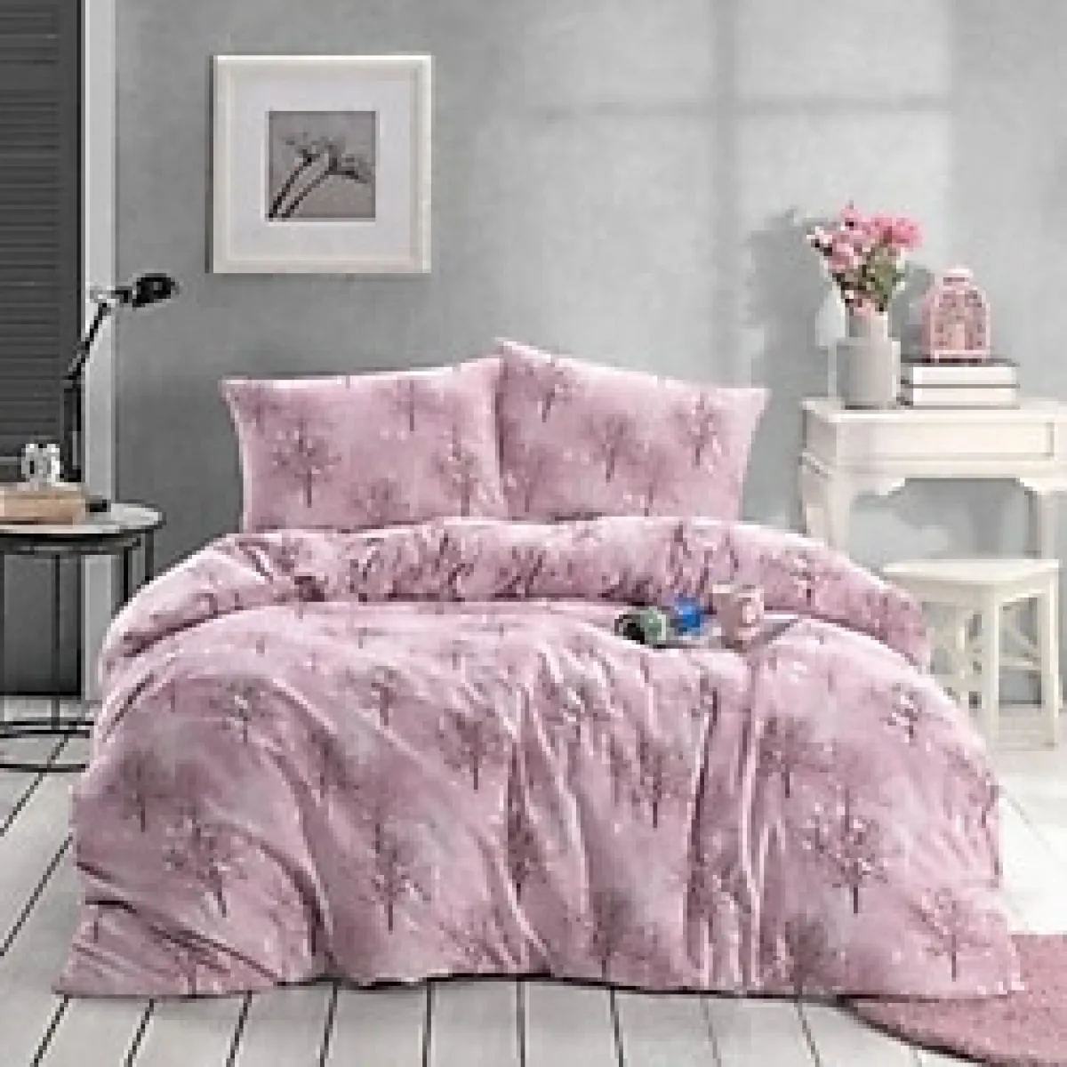 Lotusline Home Pudra Ağaç Desen Tek Kişilik Lüks Pamuklu Nevresim Takımı - Seti