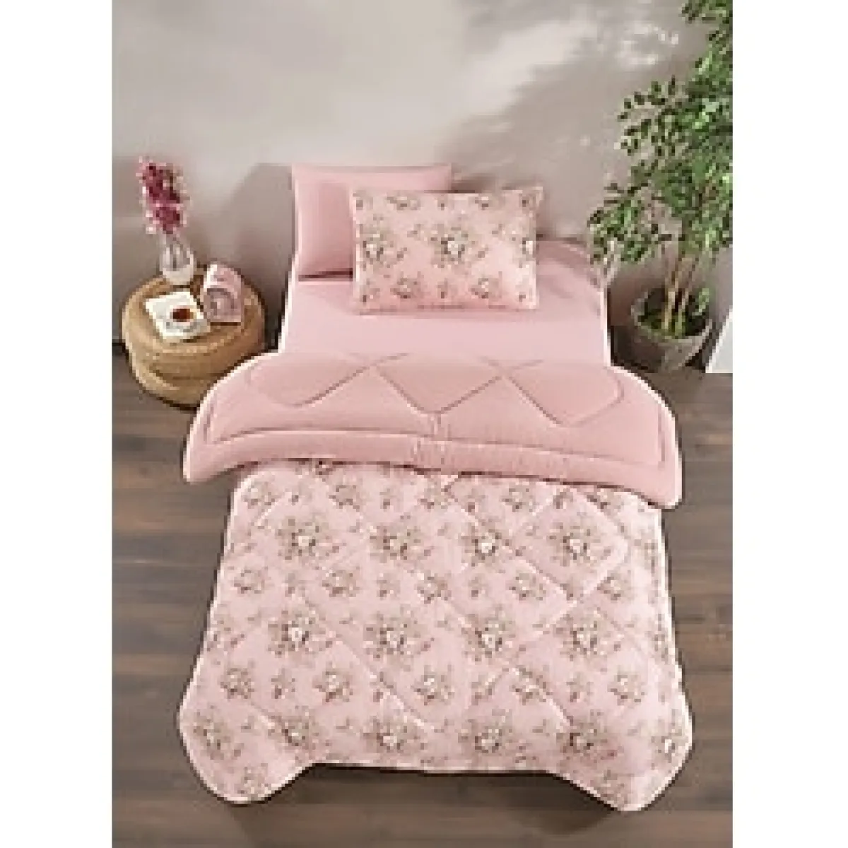 MARLA HOME Tek Kişilik Welsoft Yorgan Uyku Seti Lastikli Çarşaflı Pudra Rose