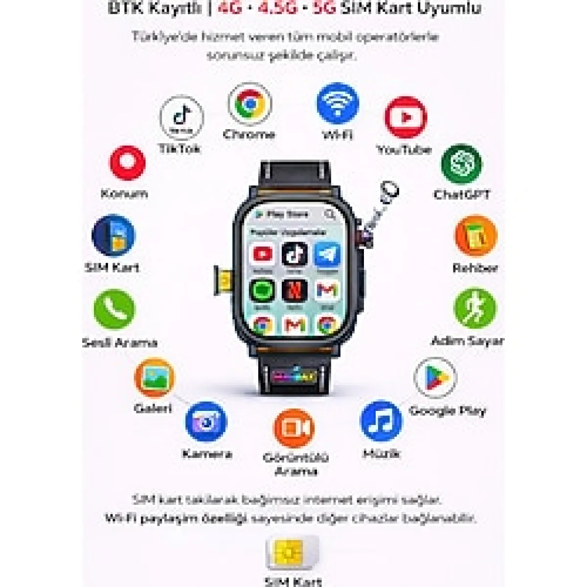 Maybax Sim Kartlı Android Akıllı Saat 64 GB ROM 4 GB RAM Wi-Fi Paylaşma Sosyal Medya, Oyun Destekli GPS