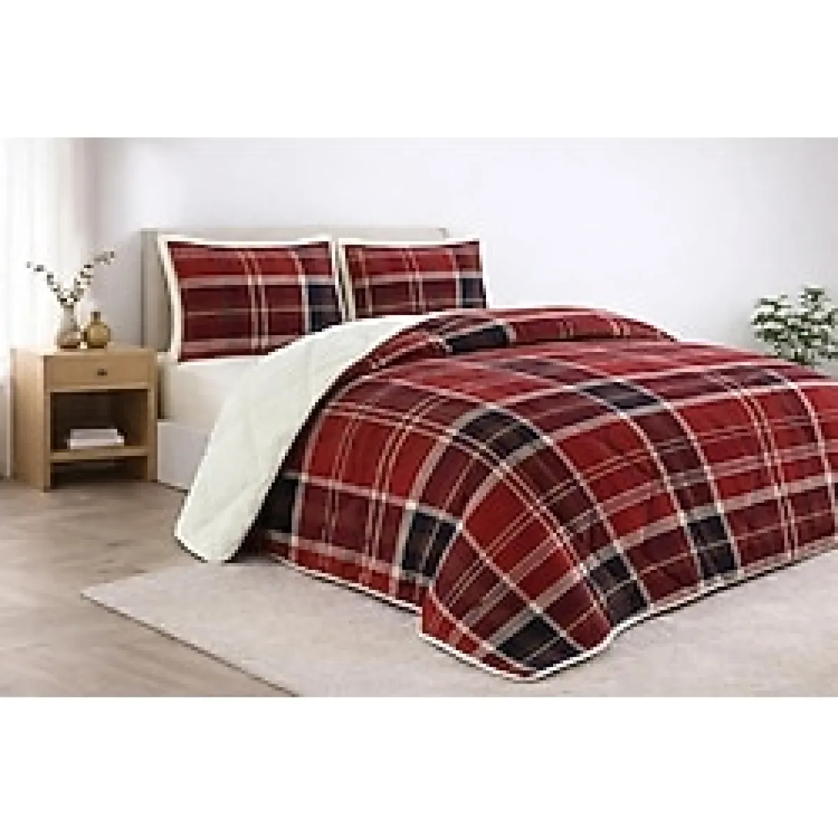 Merinos Çift Kişilik Comforter Yorgan Seti Peluş Dokulu 3 Parça - Kırmızı - Beyaz