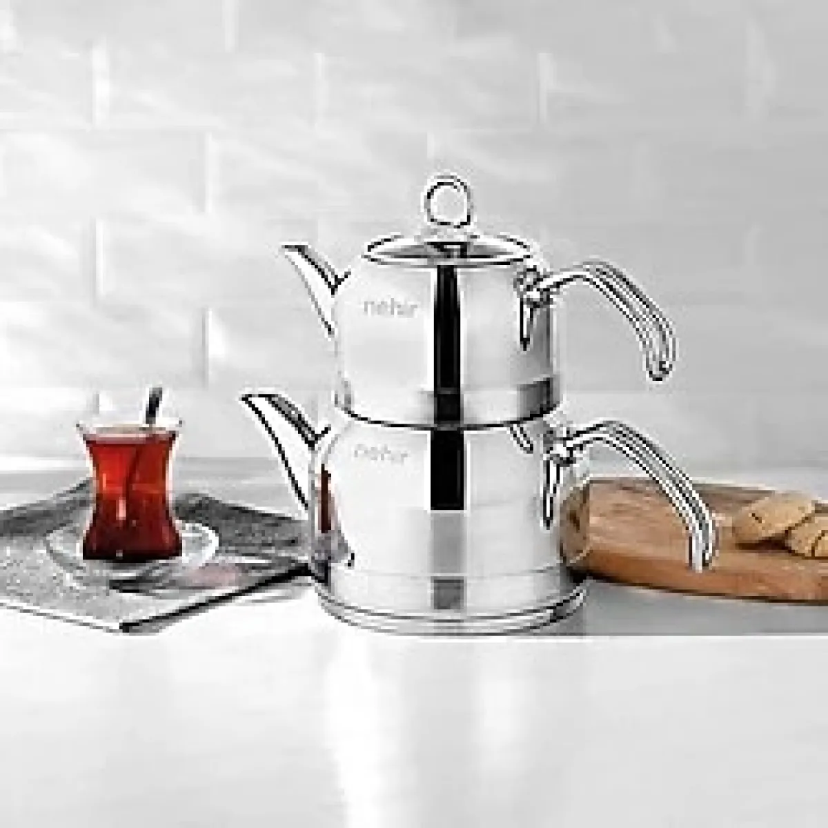 Nehir Lotus Midi Orta Boy Paslanmaz Çelik 1.0-1.9 Lt. Çaydanlık Takımı Gümüş