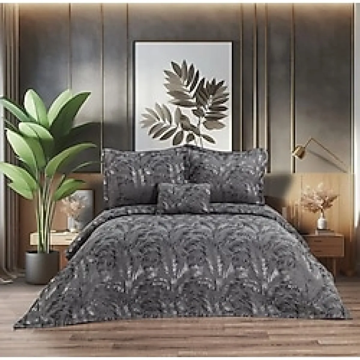 Nevada 4 Parça Gri Çift Kişilik Çiçekli Yatak Örtüsü Seti 240 x 260 cm