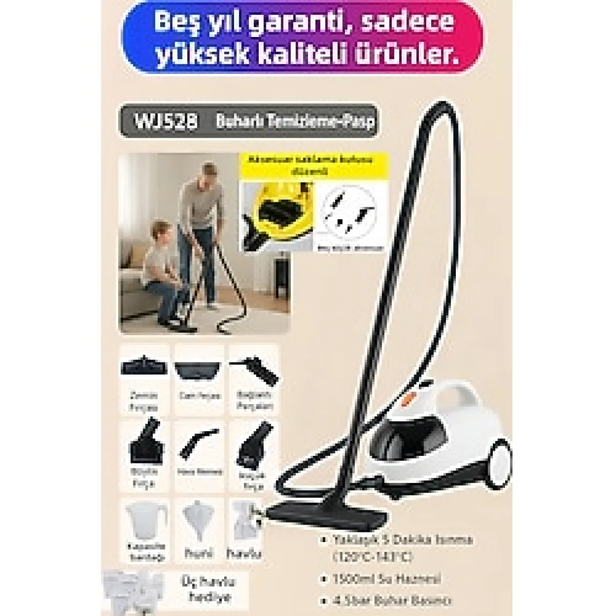 okaoda Çok Fonksiyonlu Buharlı Temizlik Makinası Dezenfeksiyon, Paspaslama, Ütüleme, Pencere Temizliği