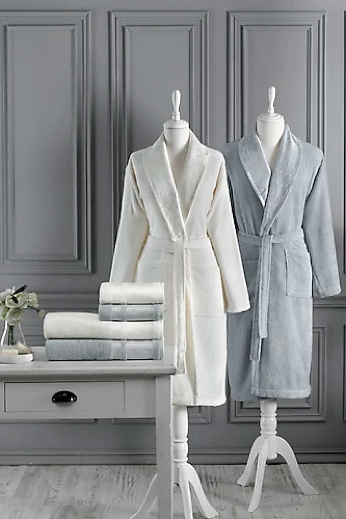 Özdilek Dory Krem Gri Aile Bornoz Takımı